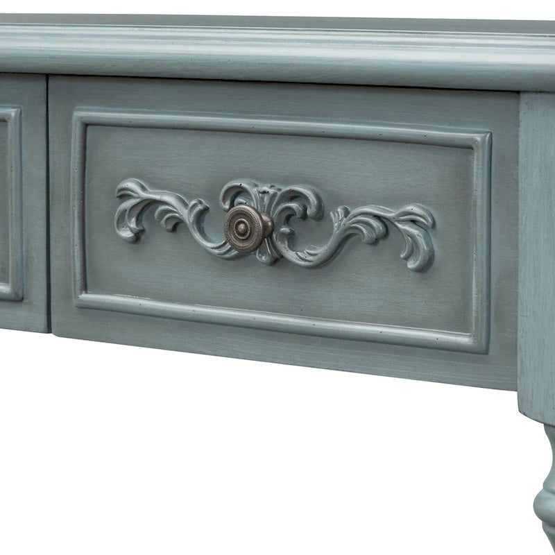 Console, style vintage, détails sculptés, pieds romains, 4 tiroirs, 1 étagère, MDF et bois massif, bleu/noir antique, 1 personne