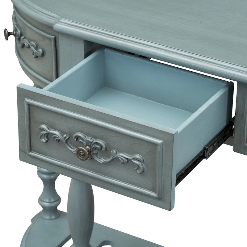 Console, style vintage, détails sculptés, pieds romains, 4 tiroirs, 1 étagère, MDF et bois massif, bleu/noir antique, 1 personne
