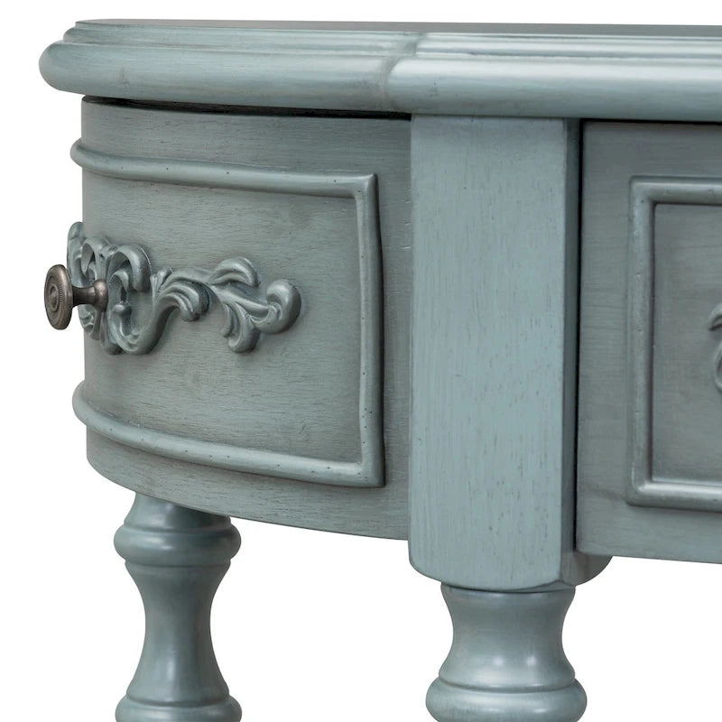 Console, style vintage, détails sculptés, pieds romains, 4 tiroirs, 1 étagère, MDF et bois massif, bleu/noir antique, 1 personne