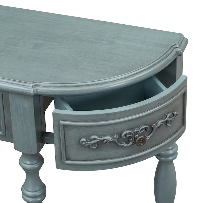 Console, style vintage, détails sculptés, pieds romains, 4 tiroirs, 1 étagère, MDF et bois massif, bleu/noir antique, 1 personne