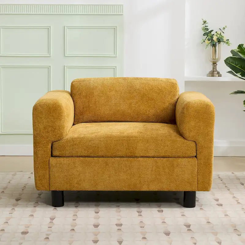 Fauteuil d'appoint surdimensionné, tissu velours tissé, coussin haute densité, accoudoirs pincés, pieds ronds en bois d'hévéa, jaune/bleu/beige, pour 1 personne