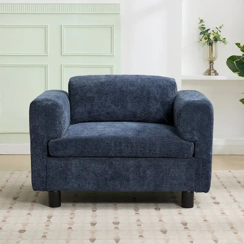 Fauteuil d'appoint surdimensionné, tissu velours tissé, coussin haute densité, accoudoirs pincés, pieds ronds en bois d'hévéa, jaune/bleu/beige, pour 1 personne