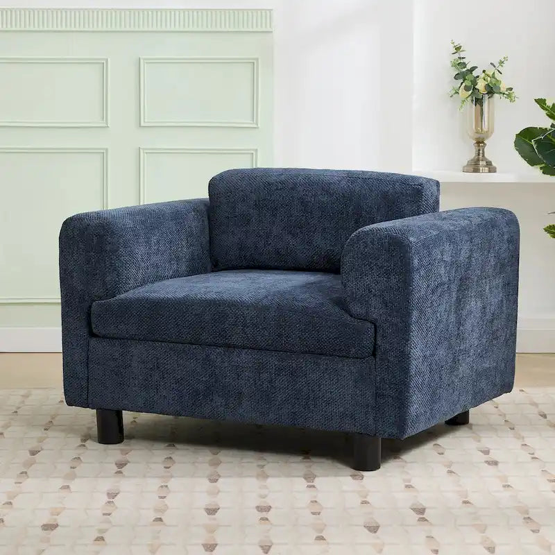 Fauteuil d'appoint surdimensionné, tissu velours tissé, coussin haute densité, accoudoirs pincés, pieds ronds en bois d'hévéa, jaune/bleu/beige, pour 1 personne