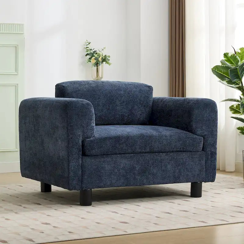 Fauteuil d'appoint surdimensionné, tissu velours tissé, coussin haute densité, accoudoirs pincés, pieds ronds en bois d'hévéa, jaune/bleu/beige, pour 1 personne