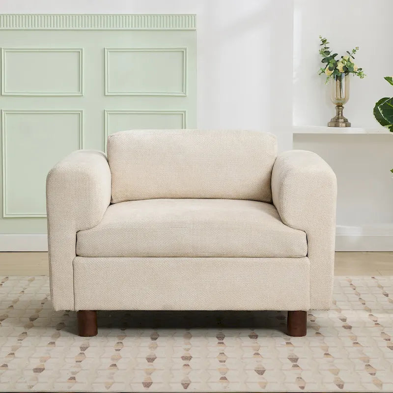 Fauteuil d'appoint surdimensionné, tissu velours tissé, coussin haute densité, accoudoirs pincés, pieds ronds en bois d'hévéa, jaune/bleu/beige, pour 1 personne