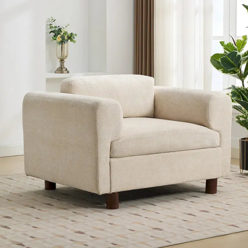 Fauteuil d'appoint surdimensionné, tissu velours tissé, coussin haute densité, accoudoirs pincés, pieds ronds en bois d'hévéa, jaune/bleu/beige, pour 1 personne