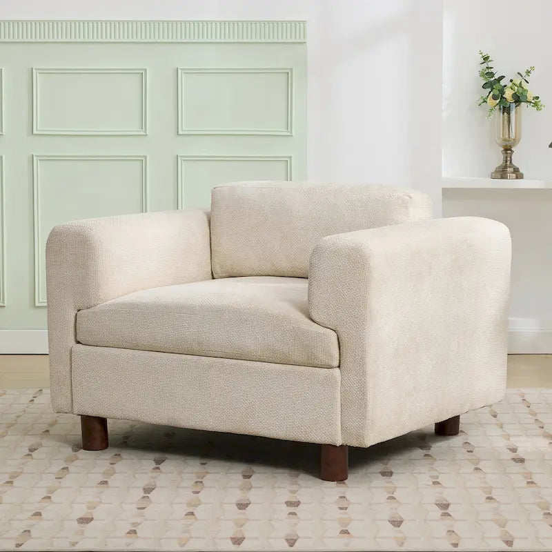 Fauteuil d'appoint surdimensionné, tissu velours tissé, coussin haute densité, accoudoirs pincés, pieds ronds en bois d'hévéa, jaune/bleu/beige, pour 1 personne