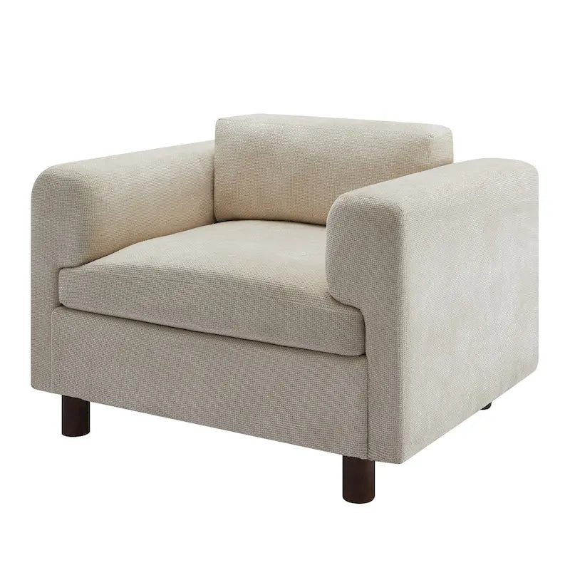 Fauteuil d'appoint surdimensionné, tissu velours tissé, coussin haute densité, accoudoirs pincés, pieds ronds en bois d'hévéa, jaune/bleu/beige, pour 1 personne