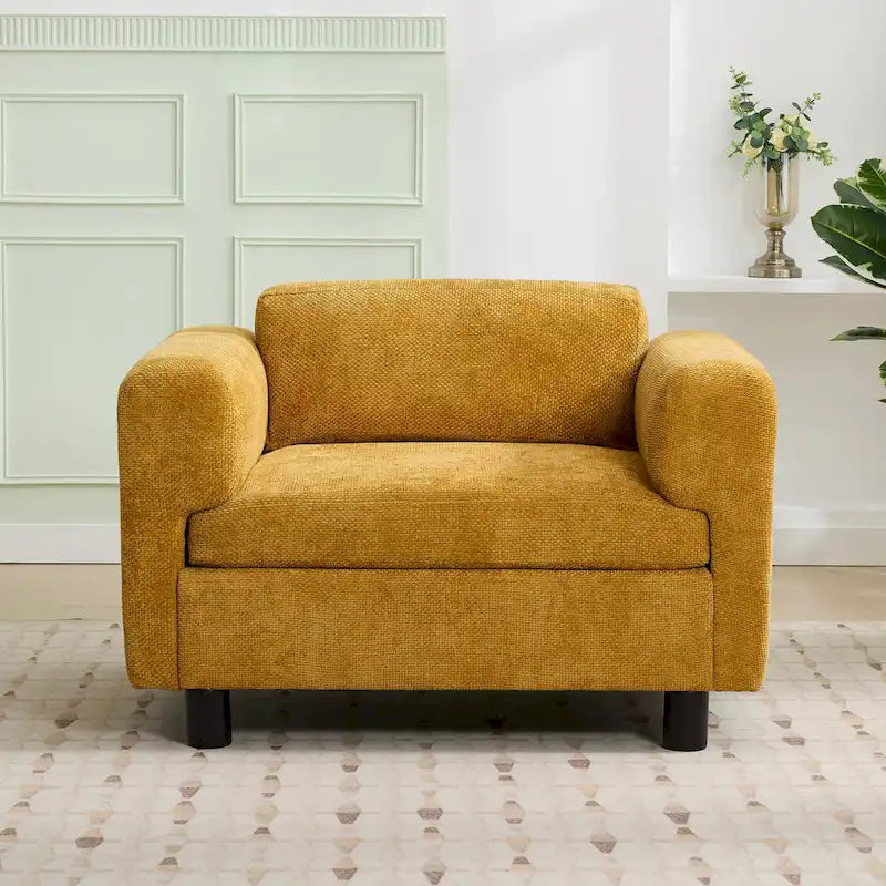 Fauteuil d'appoint surdimensionné, tissu velours tissé, coussin haute densité, accoudoirs pincés, pieds ronds en bois d'hévéa, jaune/bleu/beige, pour 1 personne