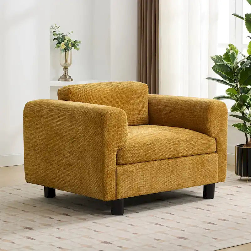 Fauteuil d'appoint surdimensionné, tissu velours tissé, coussin haute densité, accoudoirs pincés, pieds ronds en bois d'hévéa, jaune/bleu/beige, pour 1 personne