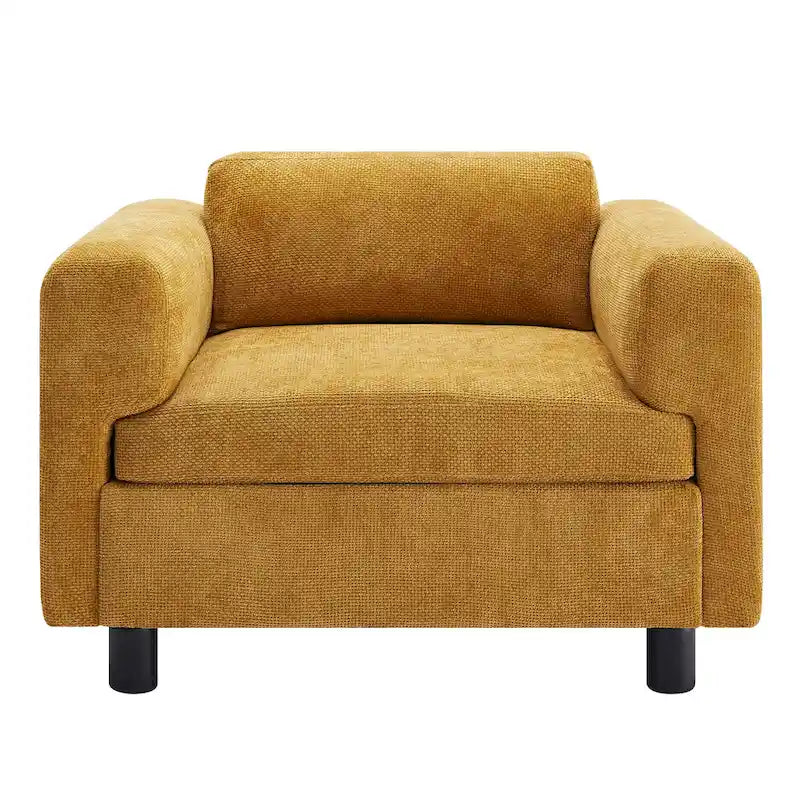 Fauteuil d'appoint surdimensionné, tissu velours tissé, coussin haute densité, accoudoirs pincés, pieds ronds en bois d'hévéa, jaune/bleu/beige, pour 1 personne