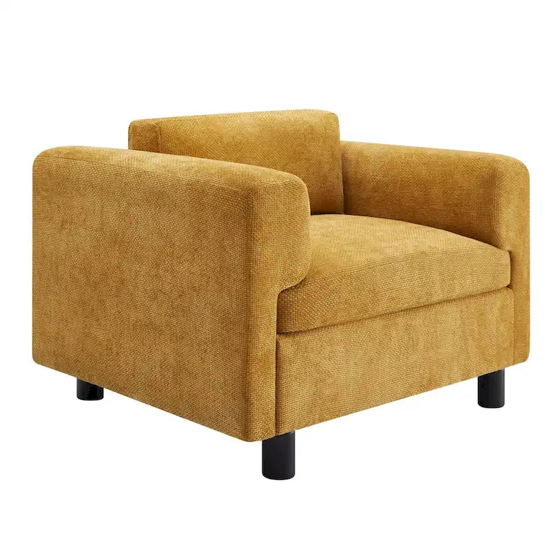Fauteuil d'appoint surdimensionné, tissu velours tissé, coussin haute densité, accoudoirs pincés, pieds ronds en bois d'hévéa, jaune/bleu/beige, pour 1 personne