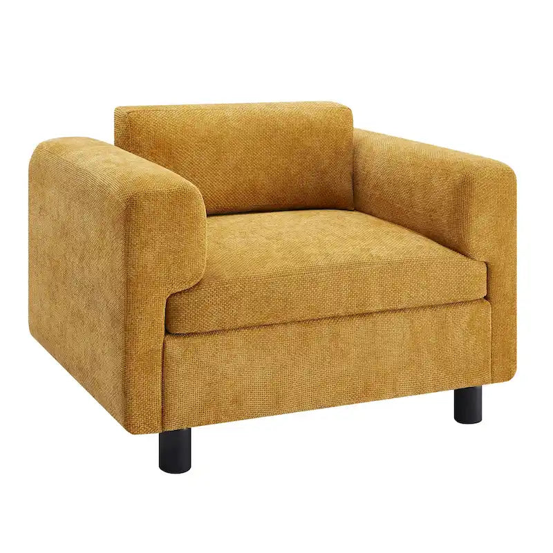 Fauteuil d'appoint surdimensionné, tissu velours tissé, coussin haute densité, accoudoirs pincés, pieds ronds en bois d'hévéa, jaune/bleu/beige, pour 1 personne