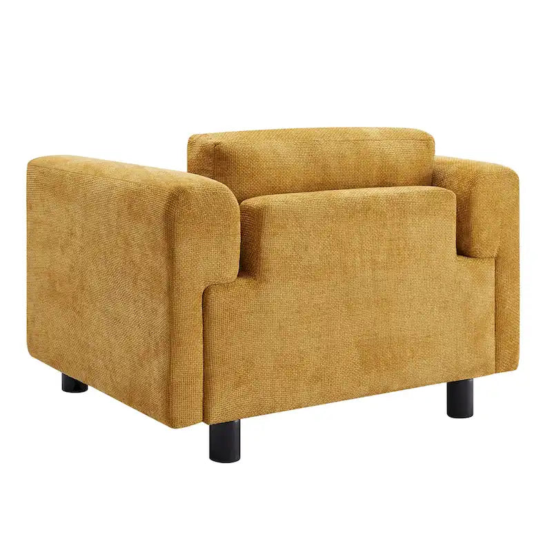 Fauteuil d'appoint surdimensionné, tissu velours tissé, coussin haute densité, accoudoirs pincés, pieds ronds en bois d'hévéa, jaune/bleu/beige, pour 1 personne