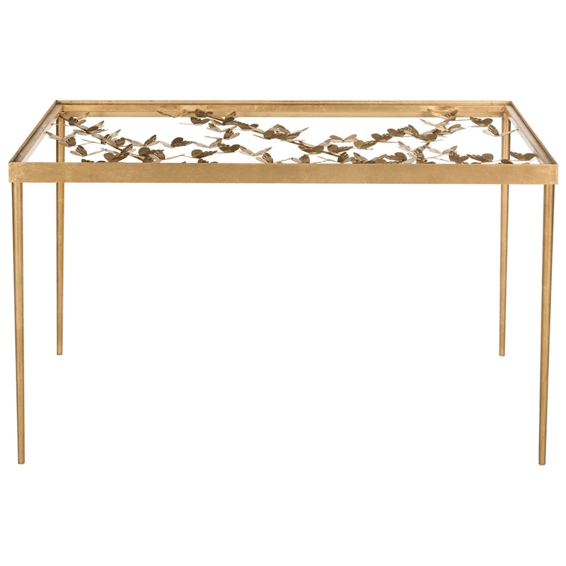 Bureau Papillon, cadre sculptural, plateau en verre, finition or antique, or/verre, pour 1 personne