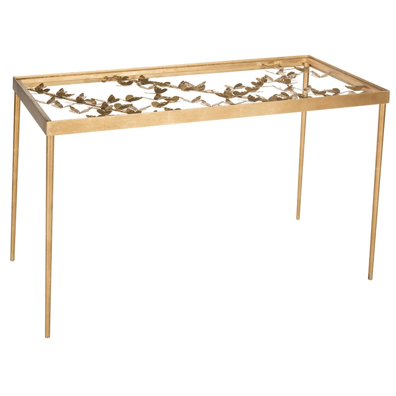 Bureau Papillon, cadre sculptural, plateau en verre, finition or antique, or/verre, pour 1 personne
