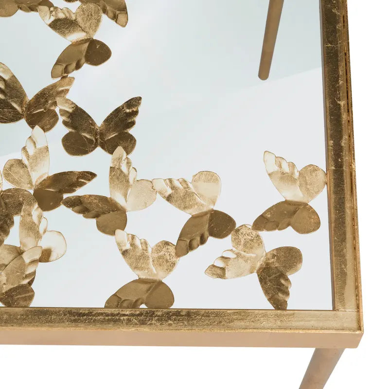 Bureau Papillon, cadre sculptural, plateau en verre, finition or antique, or/verre, pour 1 personne