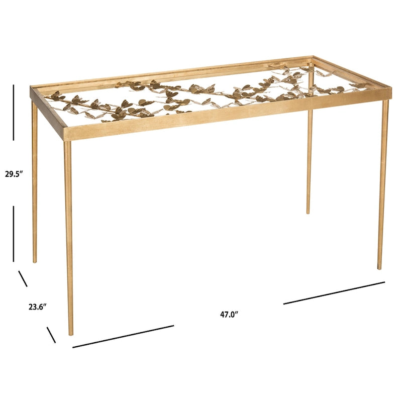 Bureau Papillon, cadre sculptural, plateau en verre, finition or antique, or/verre, pour 1 personne