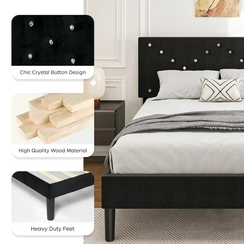 Lit plateforme capitonné double, tête de lit rembourrée, cadre en métal robuste, lattes en bois, noir, pour 1 personne