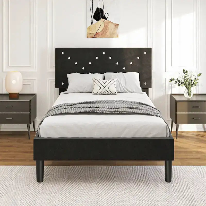 Lit plateforme capitonné double, tête de lit rembourrée, cadre en métal robuste, lattes en bois, noir, pour 1 personne