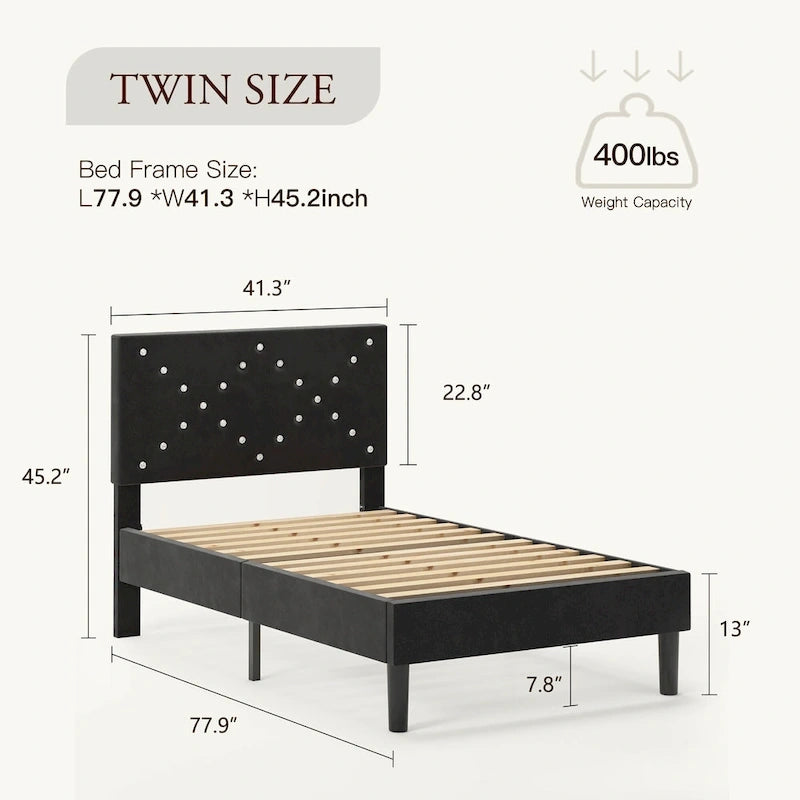 Lit plateforme capitonné double, tête de lit rembourrée, cadre en métal robuste, lattes en bois, noir, pour 1 personne