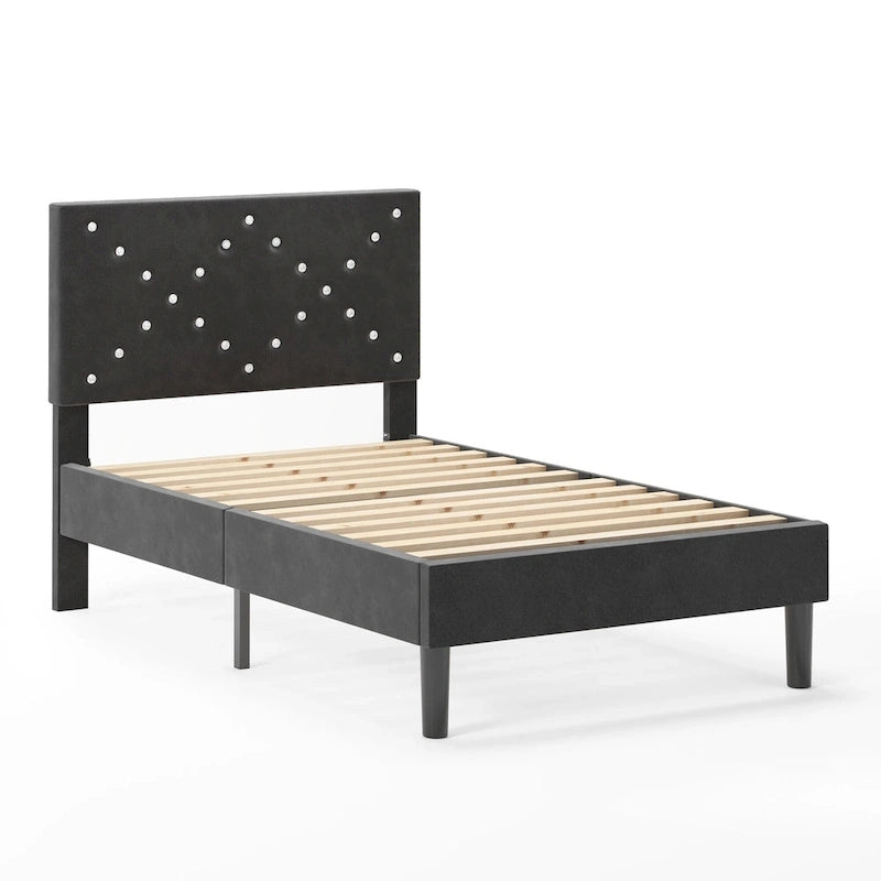 Lit plateforme capitonné double, tête de lit rembourrée, cadre en métal robuste, lattes en bois, noir, pour 1 personne