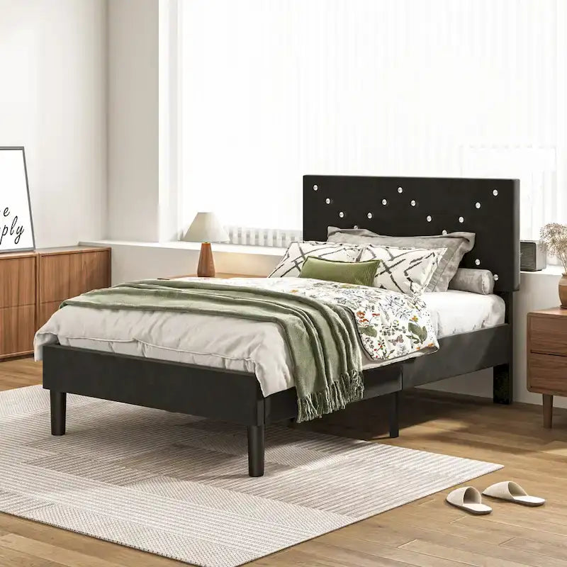 Lit plateforme capitonné double, tête de lit rembourrée, cadre en métal robuste, lattes en bois, noir, pour 1 personne