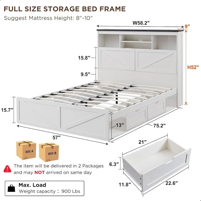 Cadre de lit double, style ferme, tête de lit bibliothèque, lumières LED, 4 tiroirs, marron / marron chaud / blanc / noir, pour 2 personnes