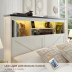 Cadre de lit double, style ferme, tête de lit bibliothèque, lumières LED, 4 tiroirs, marron / marron chaud / blanc / noir, pour 2 personnes