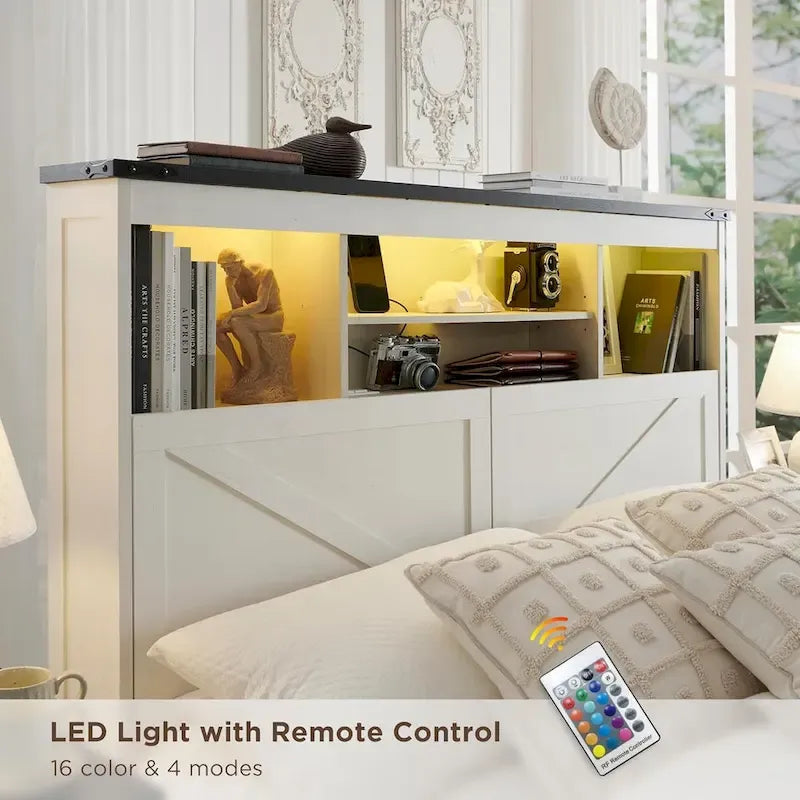 Cadre de lit double, style ferme, tête de lit bibliothèque, lumières LED, 4 tiroirs, marron / marron chaud / blanc / noir, pour 2 personnes