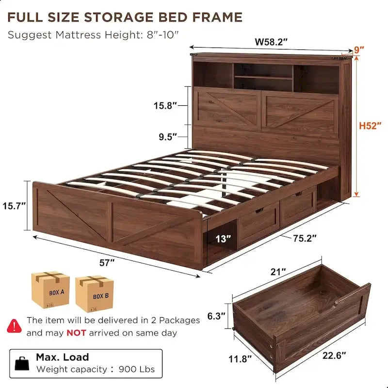 Cadre de lit double, style ferme, tête de lit bibliothèque, lumières LED, 4 tiroirs, marron / marron chaud / blanc / noir, pour 2 personnes