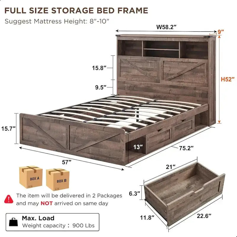 Cadre de lit double, style ferme, tête de lit bibliothèque, lumières LED, 4 tiroirs, marron / marron chaud / blanc / noir, pour 2 personnes