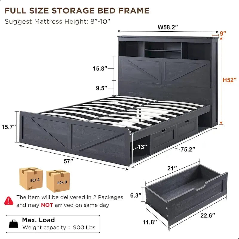 Cadre de lit double, style ferme, tête de lit bibliothèque, lumières LED, 4 tiroirs, marron / marron chaud / blanc / noir, pour 2 personnes