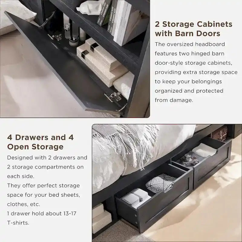 Cadre de lit double, style ferme, tête de lit bibliothèque, lumières LED, 4 tiroirs, marron / marron chaud / blanc / noir, pour 2 personnes