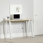 Bureau d'ordinateur compact, style scandinave, pieds en métal, ports de charge intégrés, chêne blanchi et blanc, pour 1 personne