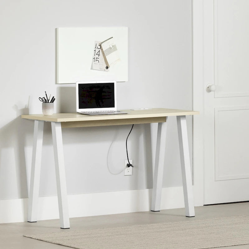 Bureau d'ordinateur compact, style scandinave, pieds en métal, ports de charge intégrés, chêne blanchi et blanc, pour 1 personne
