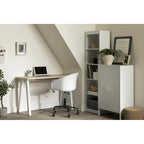 Bureau d'ordinateur compact, style scandinave, pieds en métal, ports de charge intégrés, chêne blanchi et blanc, pour 1 personne