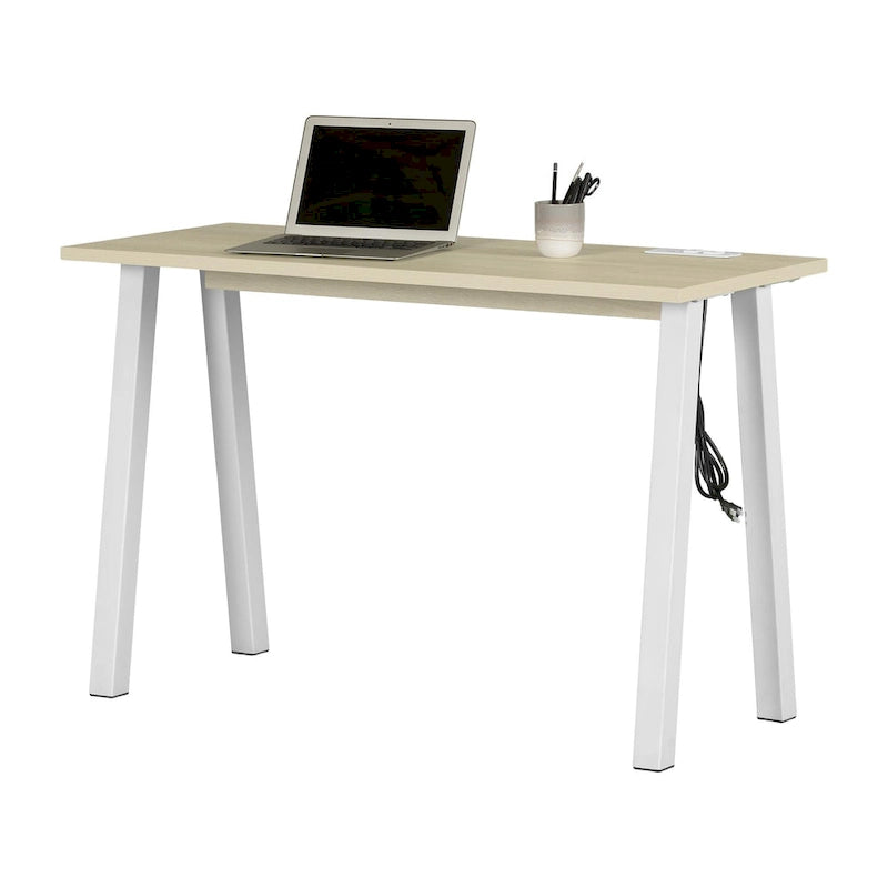 Bureau d'ordinateur compact, style scandinave, pieds en métal, ports de charge intégrés, chêne blanchi et blanc, pour 1 personne