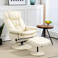 Fauteuil inclinable pivotant avec ottoman, cuir PU, dossier haut, accoudoirs évasés, pivotant à 360°, inclinable à 135°, cadre en acier, blanc crème, pour 1 personne
