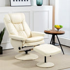 Fauteuil inclinable pivotant avec ottoman, cuir PU, dossier haut, accoudoirs évasés, pivotant à 360°, inclinable à 135°, cadre en acier, blanc crème, pour 1 personne