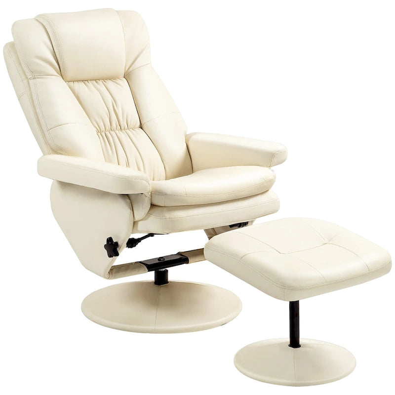 Fauteuil inclinable pivotant avec ottoman, cuir PU, dossier haut, accoudoirs évasés, pivotant à 360°, inclinable à 135°, cadre en acier, blanc crème, pour 1 personne