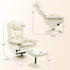 Fauteuil inclinable pivotant avec ottoman, cuir PU, dossier haut, accoudoirs évasés, pivotant à 360°, inclinable à 135°, cadre en acier, blanc crème, pour 1 personne