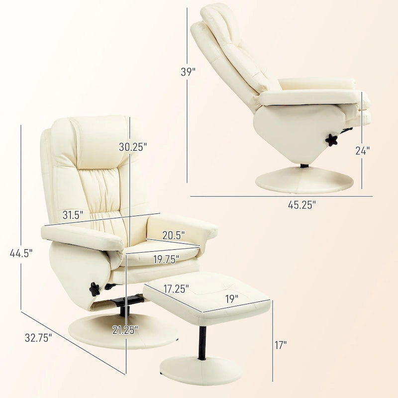 Fauteuil inclinable pivotant avec ottoman, cuir PU, dossier haut, accoudoirs évasés, pivotant à 360°, inclinable à 135°, cadre en acier, blanc crème, pour 1 personne