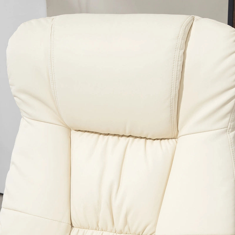 Fauteuil inclinable pivotant avec ottoman, cuir PU, dossier haut, accoudoirs évasés, pivotant à 360°, inclinable à 135°, cadre en acier, blanc crème, pour 1 personne