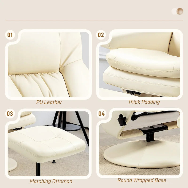 Fauteuil inclinable pivotant avec ottoman, cuir PU, dossier haut, accoudoirs évasés, pivotant à 360°, inclinable à 135°, cadre en acier, blanc crème, pour 1 personne