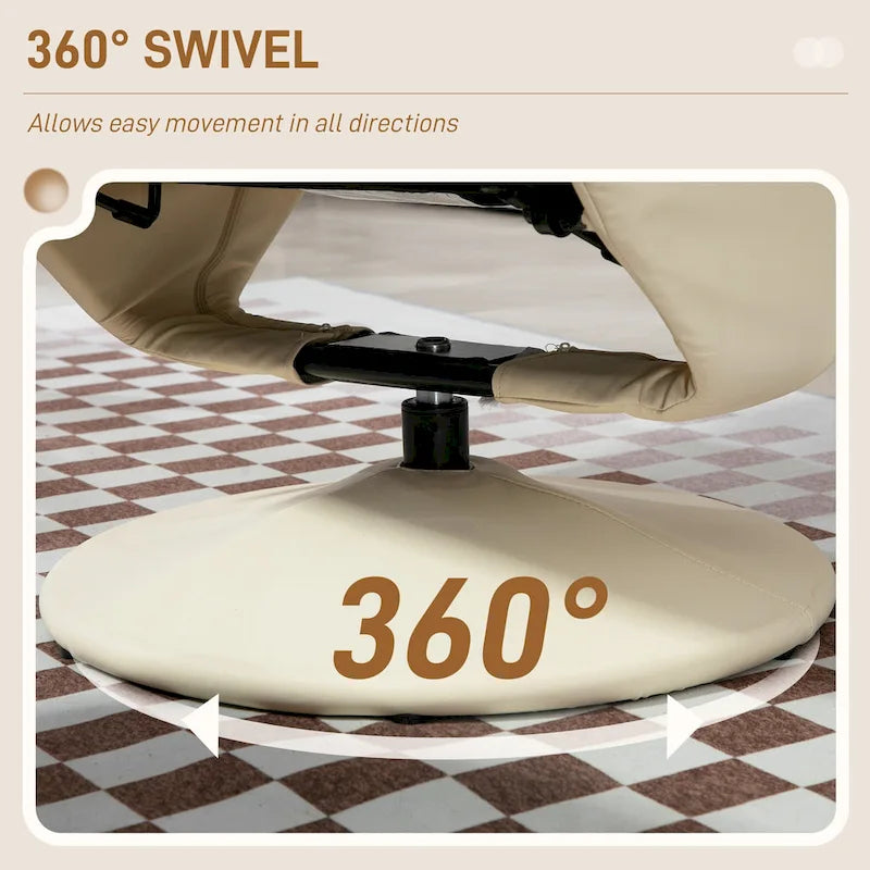 Fauteuil inclinable pivotant avec ottoman, cuir PU, dossier haut, accoudoirs évasés, pivotant à 360°, inclinable à 135°, cadre en acier, blanc crème, pour 1 personne