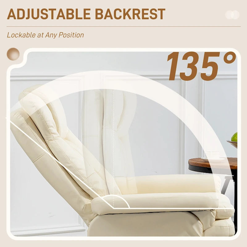 Fauteuil inclinable pivotant avec ottoman, cuir PU, dossier haut, accoudoirs évasés, pivotant à 360°, inclinable à 135°, cadre en acier, blanc crème, pour 1 personne
