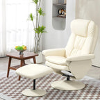 Fauteuil inclinable pivotant avec ottoman, cuir PU, dossier haut, accoudoirs évasés, pivotant à 360°, inclinable à 135°, cadre en acier, blanc crème, pour 1 personne