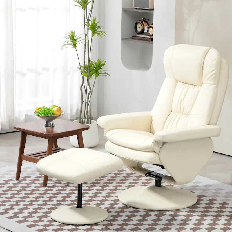 Fauteuil inclinable pivotant avec ottoman, cuir PU, dossier haut, accoudoirs évasés, pivotant à 360°, inclinable à 135°, cadre en acier, blanc crème, pour 1 personne