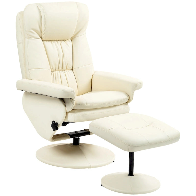 Fauteuil inclinable pivotant avec ottoman, cuir PU, dossier haut, accoudoirs évasés, pivotant à 360°, inclinable à 135°, cadre en acier, blanc crème, pour 1 personne